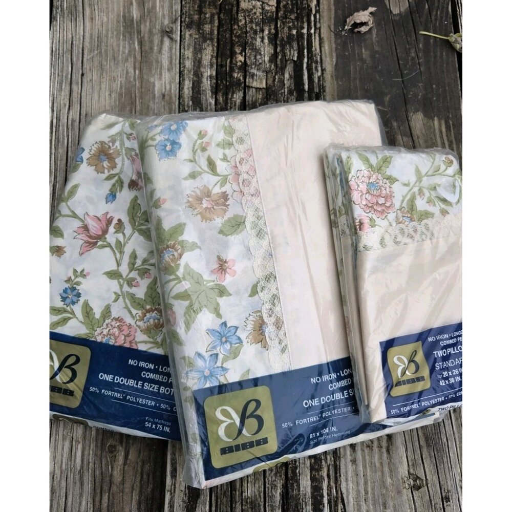 Vintage Bibb Double Full Fitted Flat 2 Pillow Sheet Set Tapestry Rose Floral New
